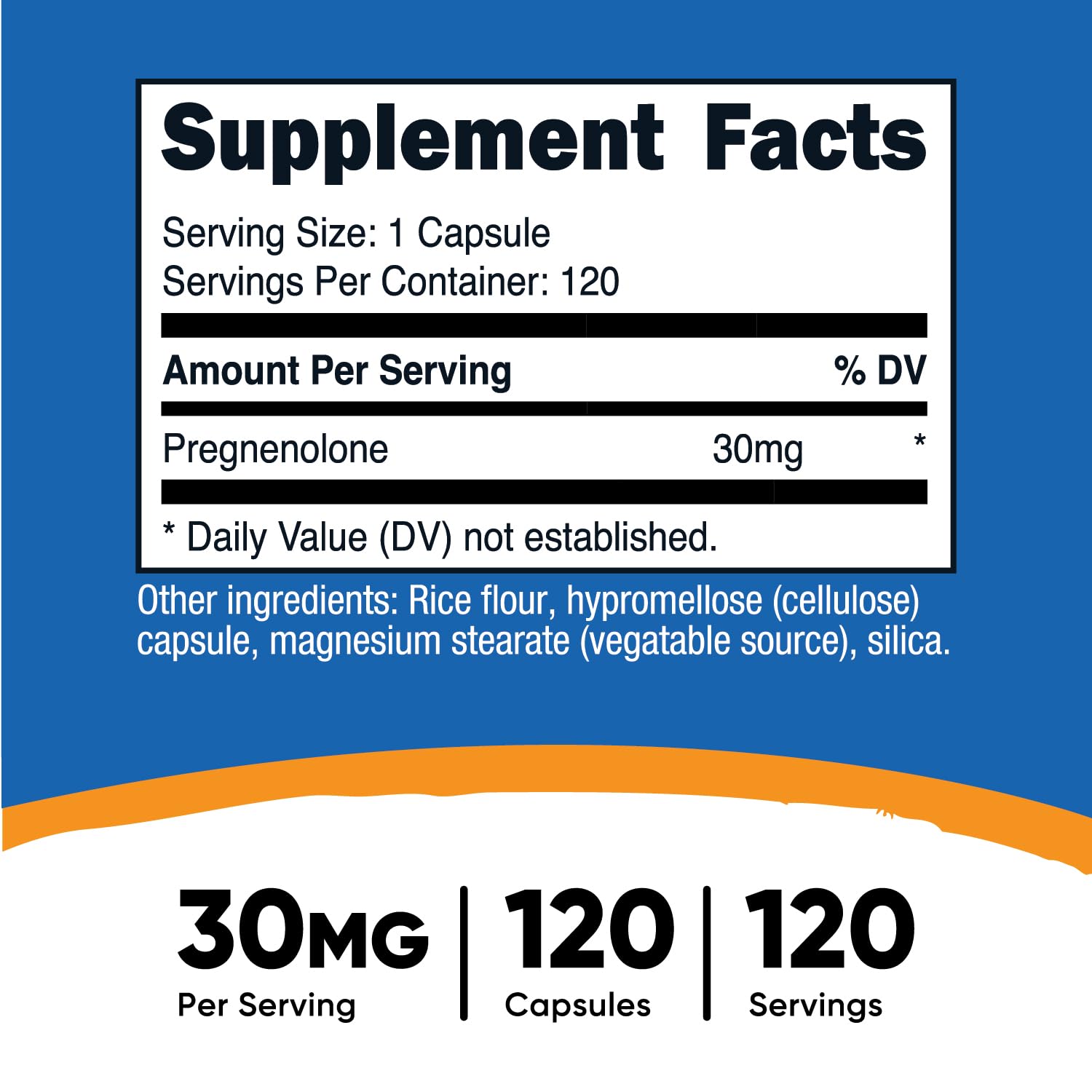 Close-up of Nutricost Pregnenolone capsules, easy-to-swallow veggie capsules.