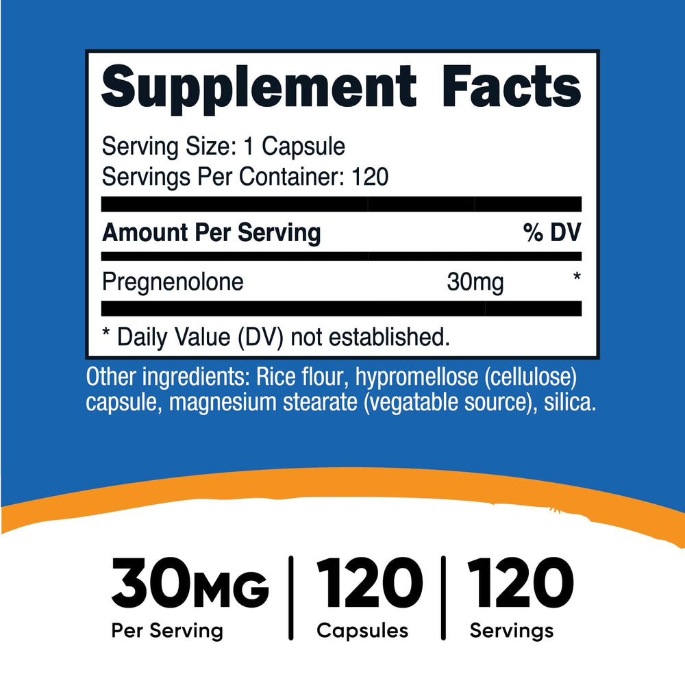 Close-up of Nutricost Pregnenolone capsules, easy-to-swallow veggie capsules.