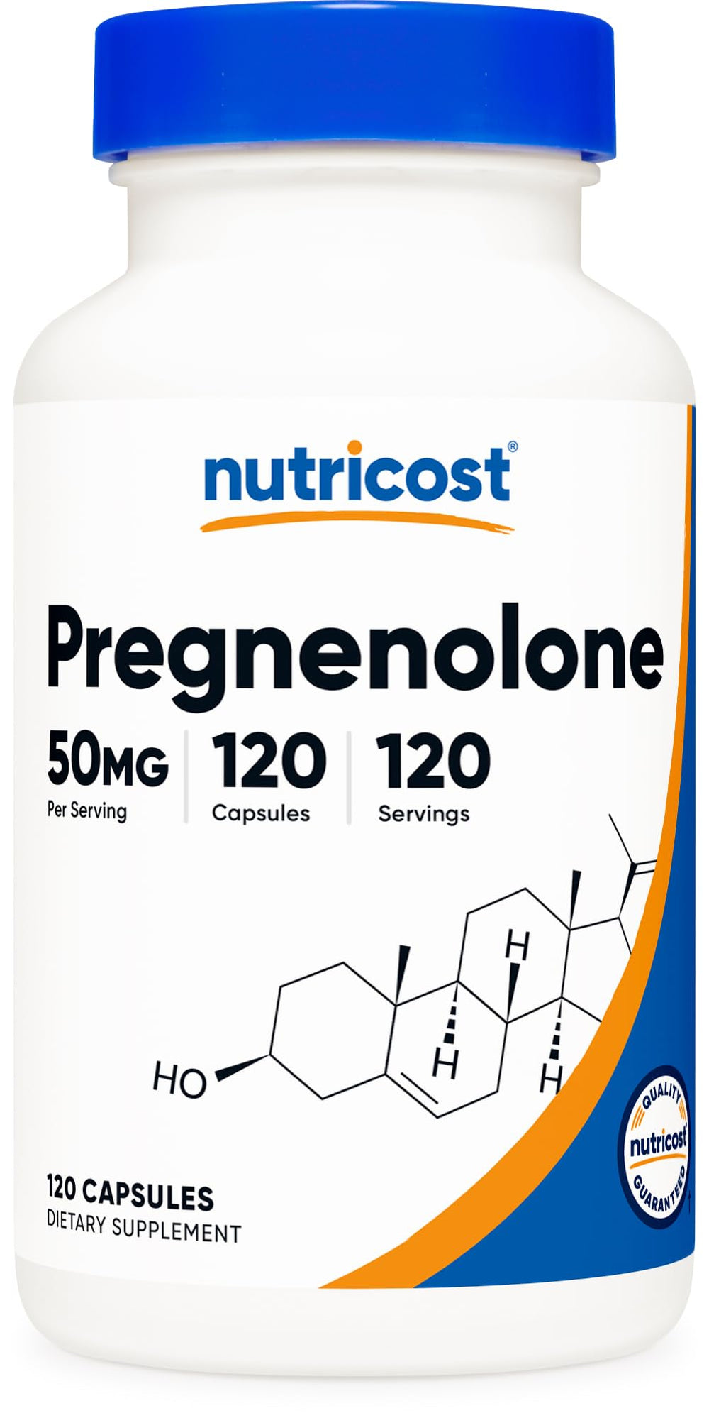 Nutricost Pregnenolone 50mg bottle on table, convenient daily supplement.
