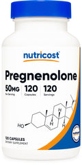 Nutricost Pregnenolone 50mg bottle on table, convenient daily supplement.