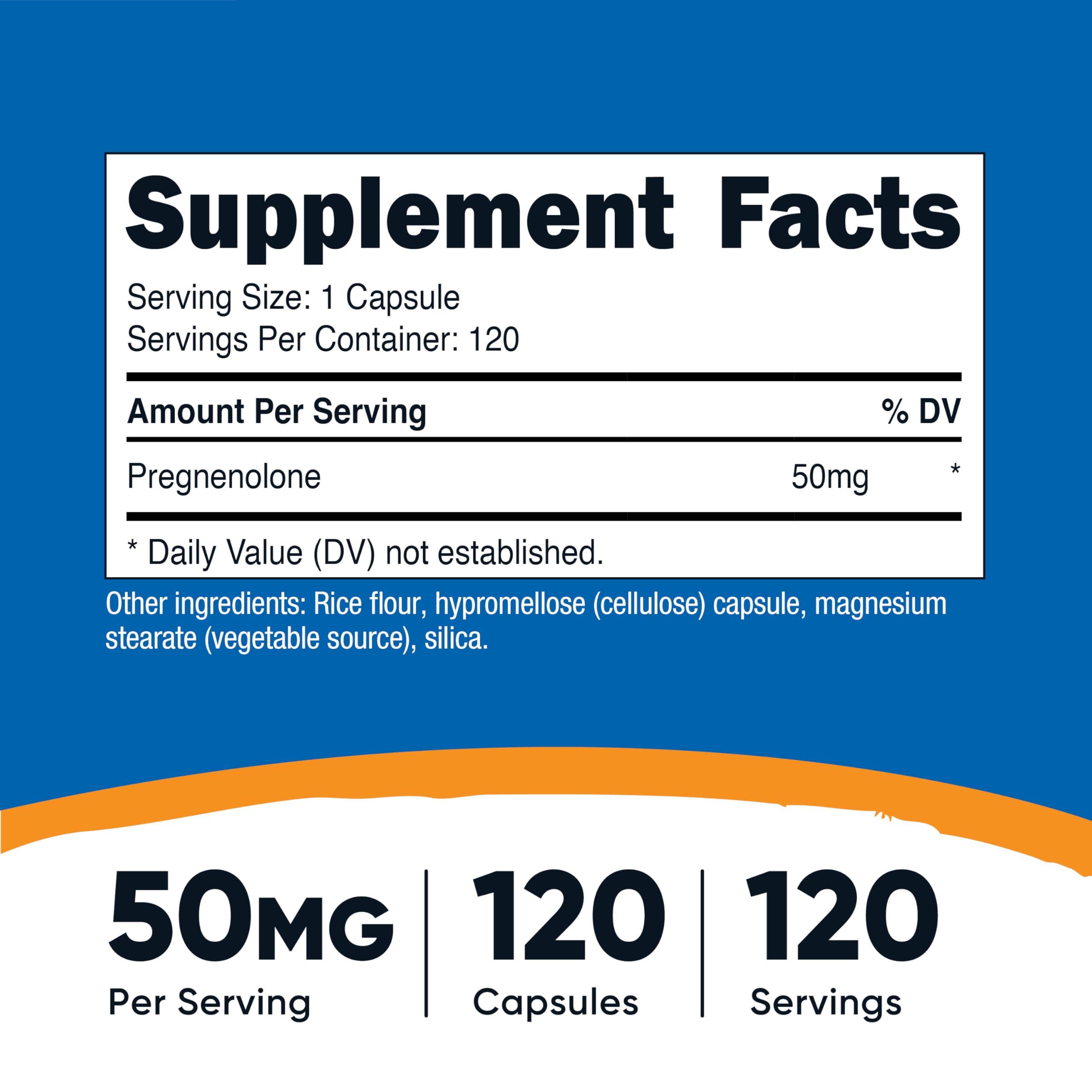 Nutricost Pregnenolone capsules closeup, easy to swallow veggie capsules.