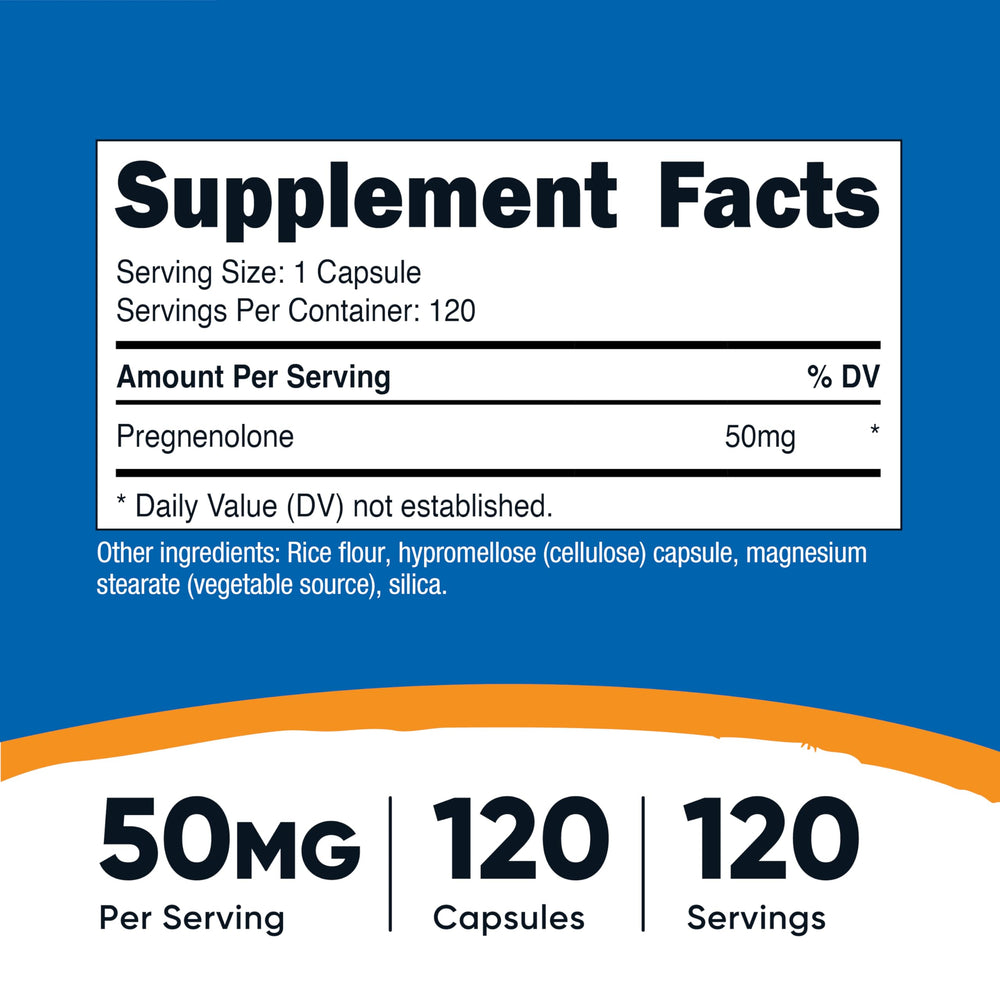 Nutricost Pregnenolone capsules closeup, easy to swallow veggie capsules.