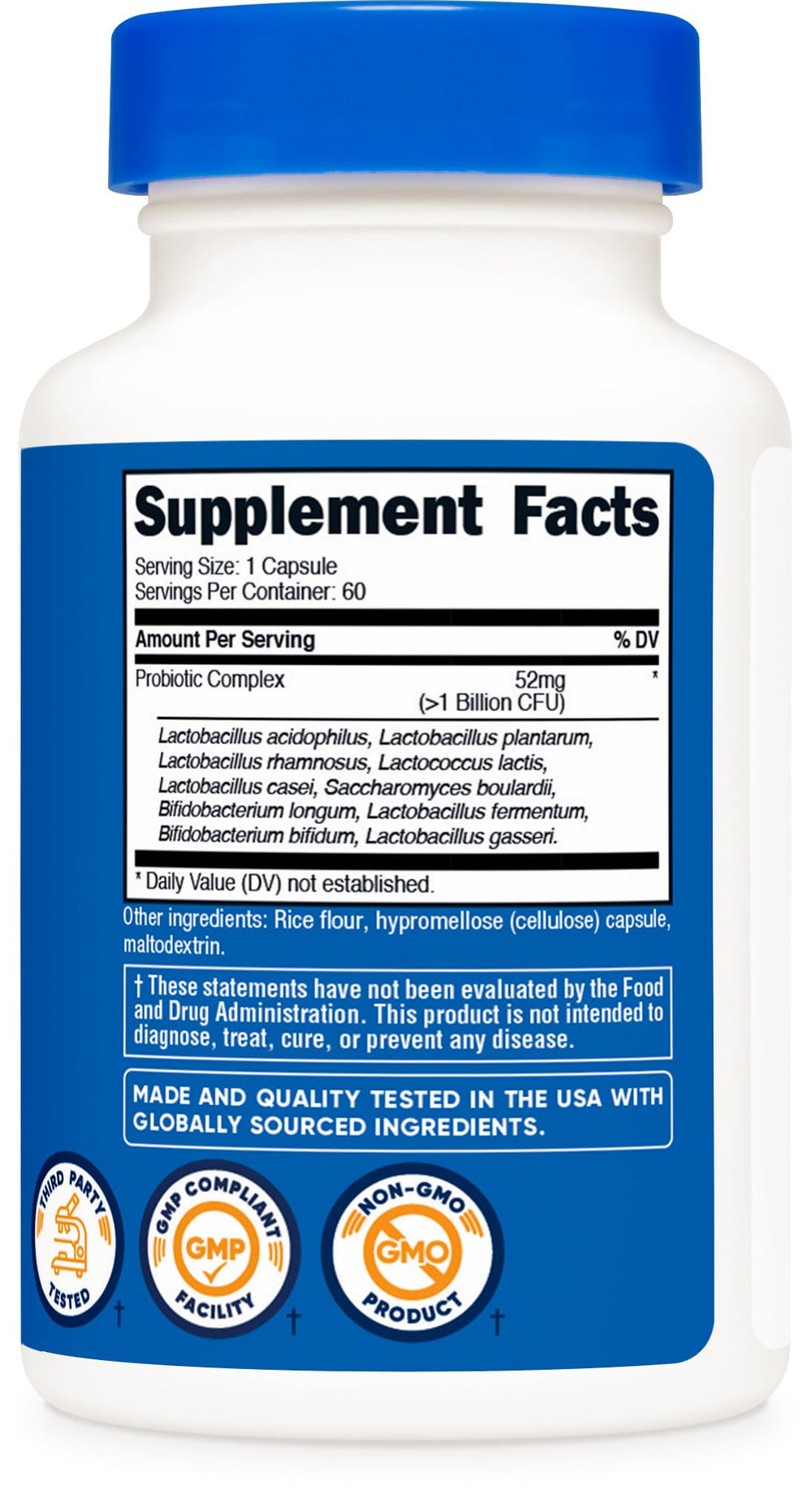 Packaging display shows 60 capsules and quality certifications