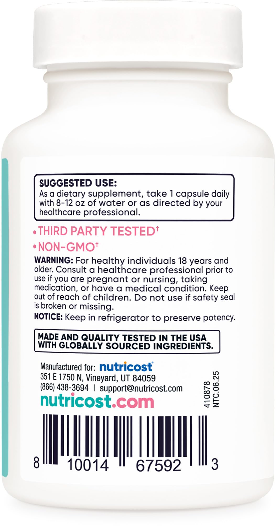 Nutricost Probiotic for Women acacia fiber ingredient tag suggests prebiotic support.
