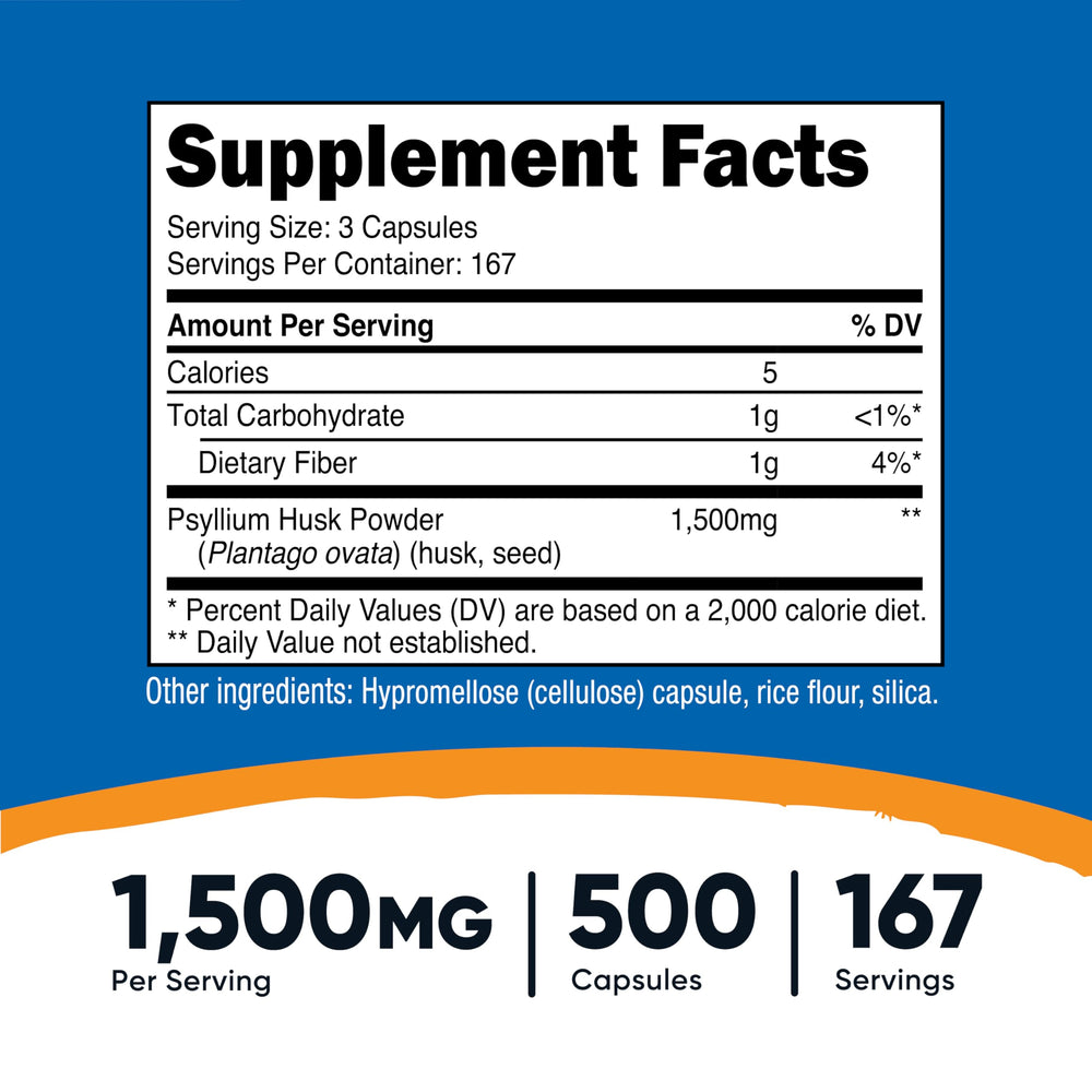Nutricost Psyllium Husk bottle front view with 500 capsules