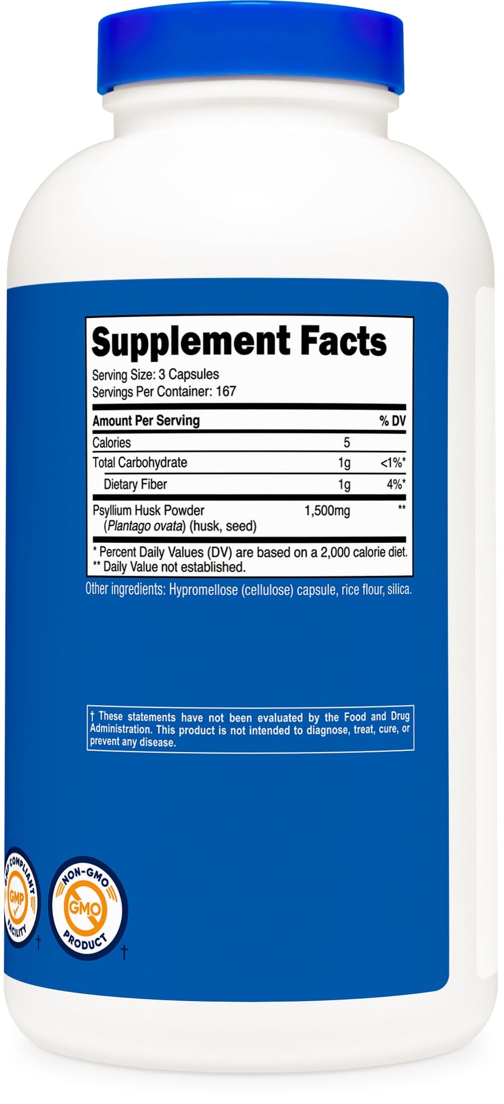 Nutricost Psyllium Husk capsules beside a glass of water