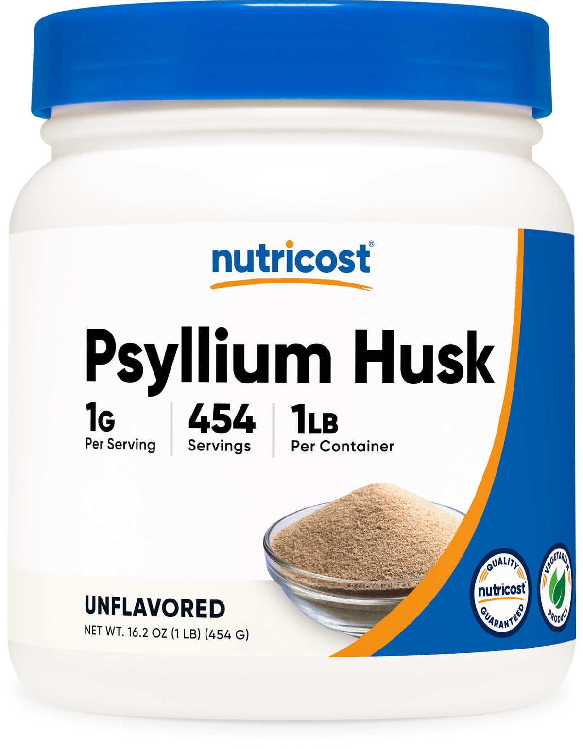 Nutricost Psyllium Husk Powder bottle, gluten-free high-fiber option for daily use.