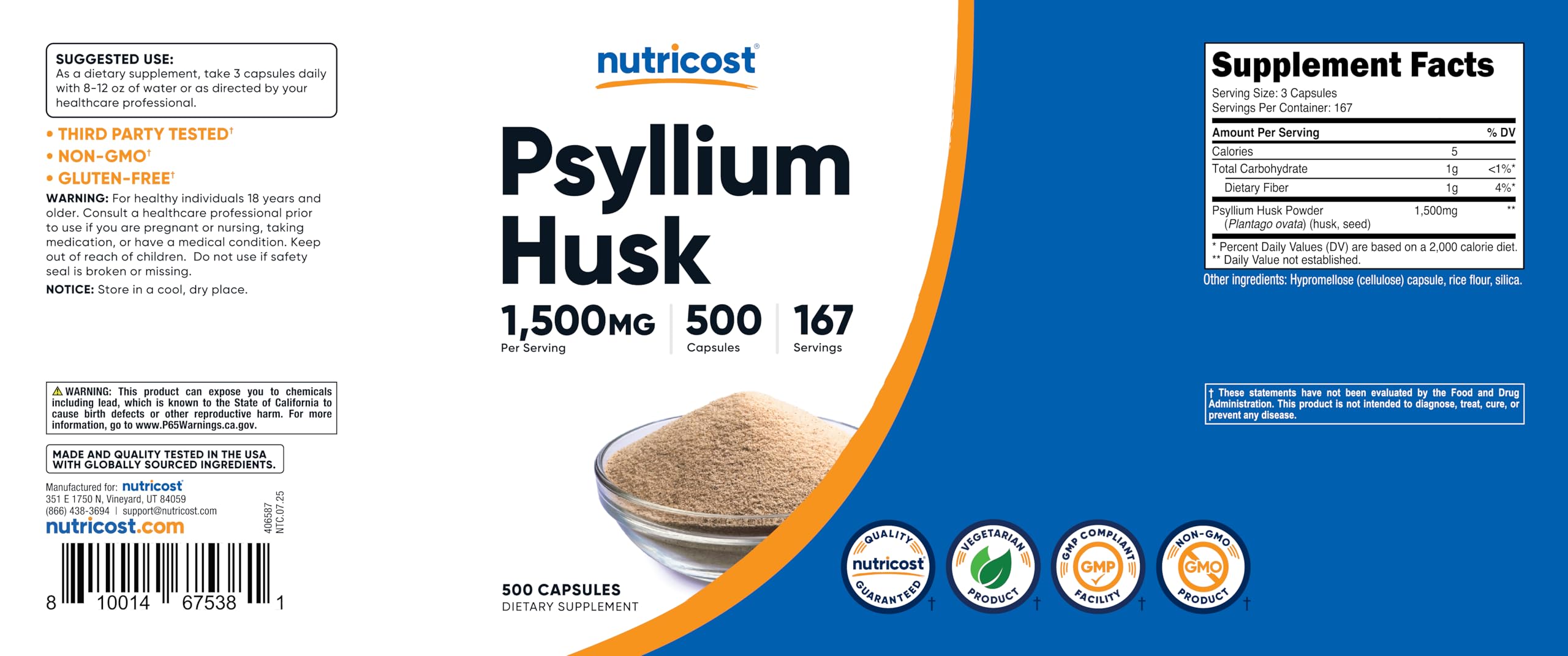 Nutricost Psyllium Husk non-GMO gluten-free seal and packaging