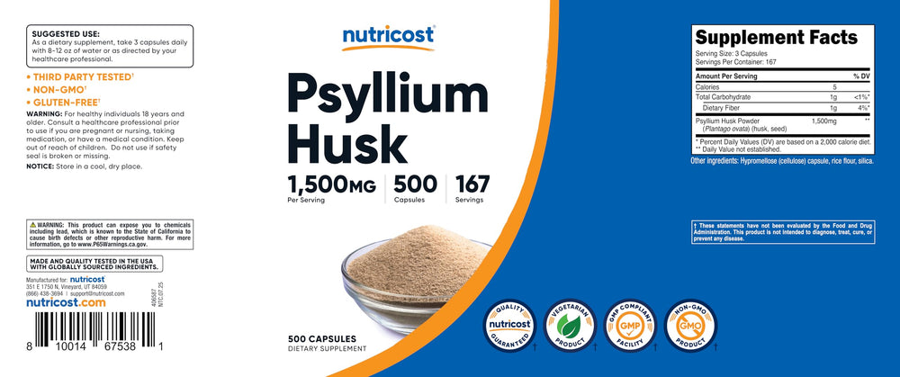 Nutricost Psyllium Husk non-GMO gluten-free seal and packaging