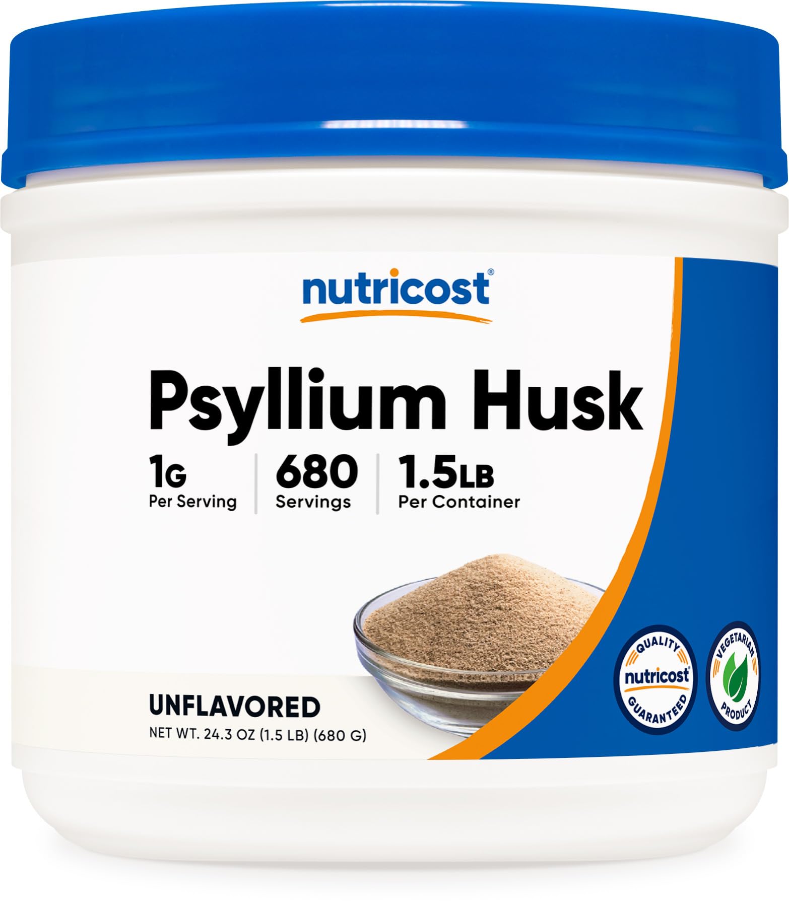 Nutricost psyllium husk powder container front view, unflavored fiber for easy mixing.