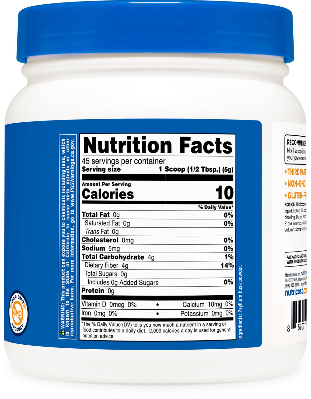 Nutricost psyllium flakes in a bowl; gluten-free fiber addition for meals.