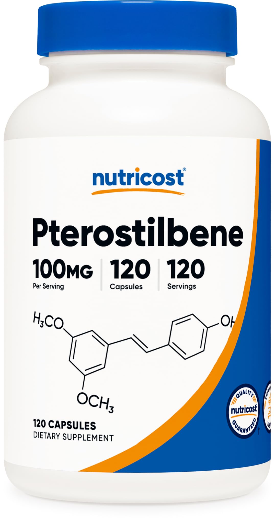 Nutricost Pterostilbene bottle front with clear label for easy identification.