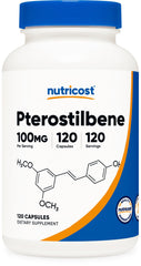 Nutricost Pterostilbene bottle front with clear label for easy identification.