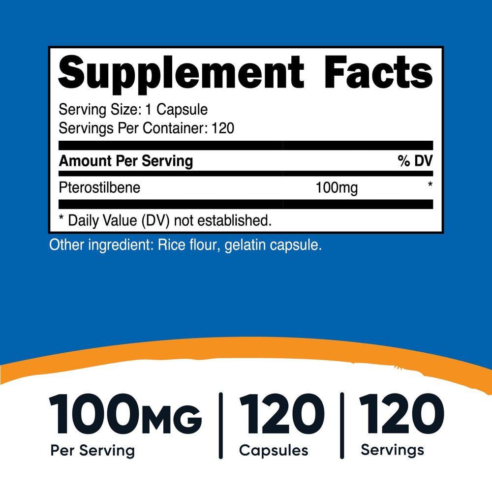 Nutricost Pterostilbene capsules closeup highlighting 100 mg per capsule.
