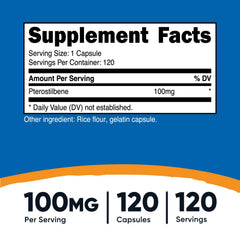 Nutricost Pterostilbene capsules closeup highlighting 100 mg per capsule.