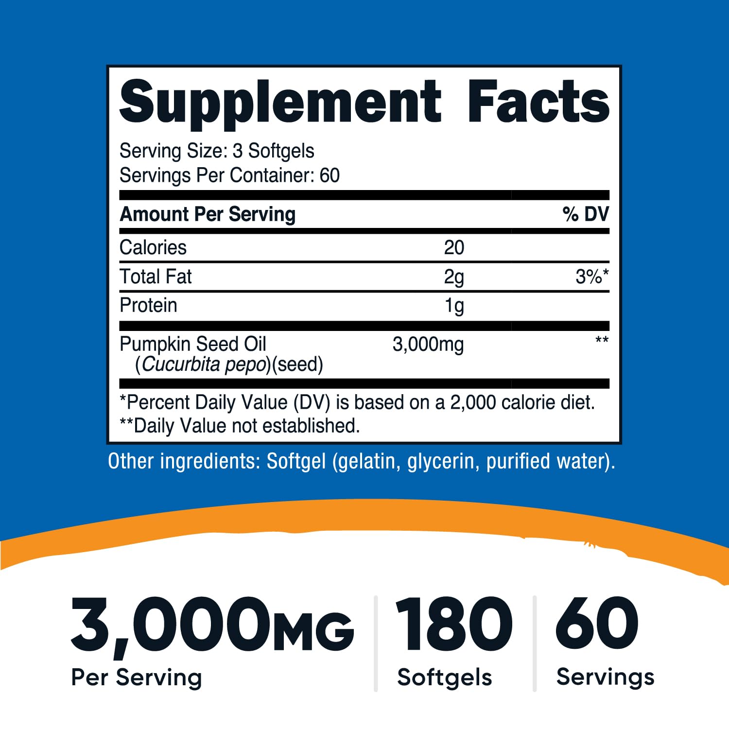 Nutricost Pumpkin Seed Oil bottle of 180 softgels, gluten-free and GMO-free.