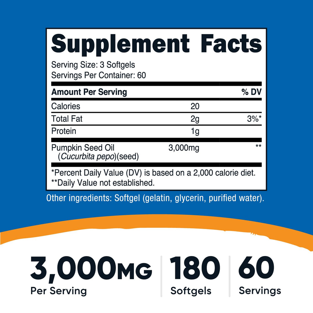 Nutricost Pumpkin Seed Oil bottle of 180 softgels, gluten-free and GMO-free.