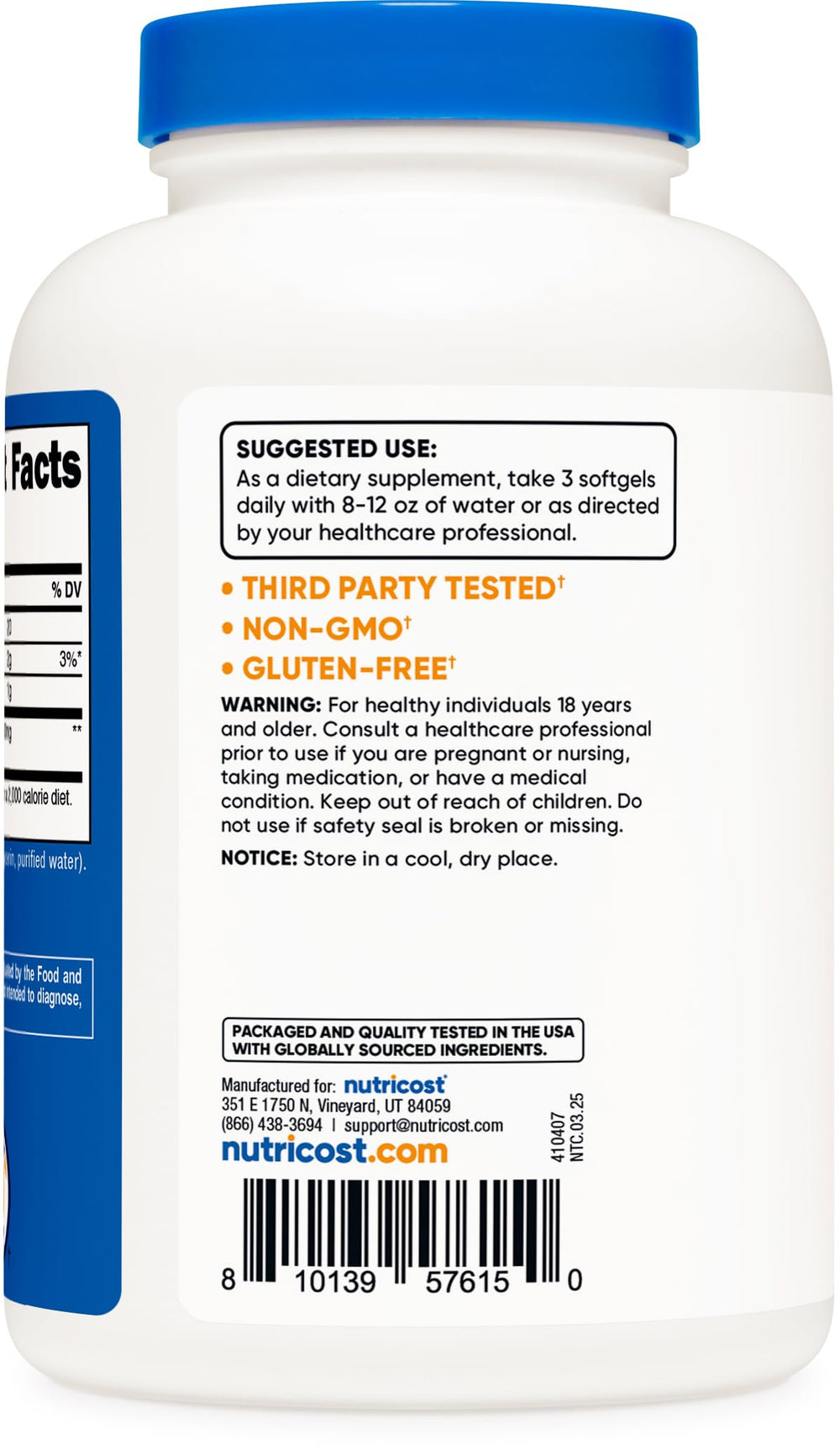 Close-up of Nutricost Pumpkin Seed Oil label highlighting quality and purity.