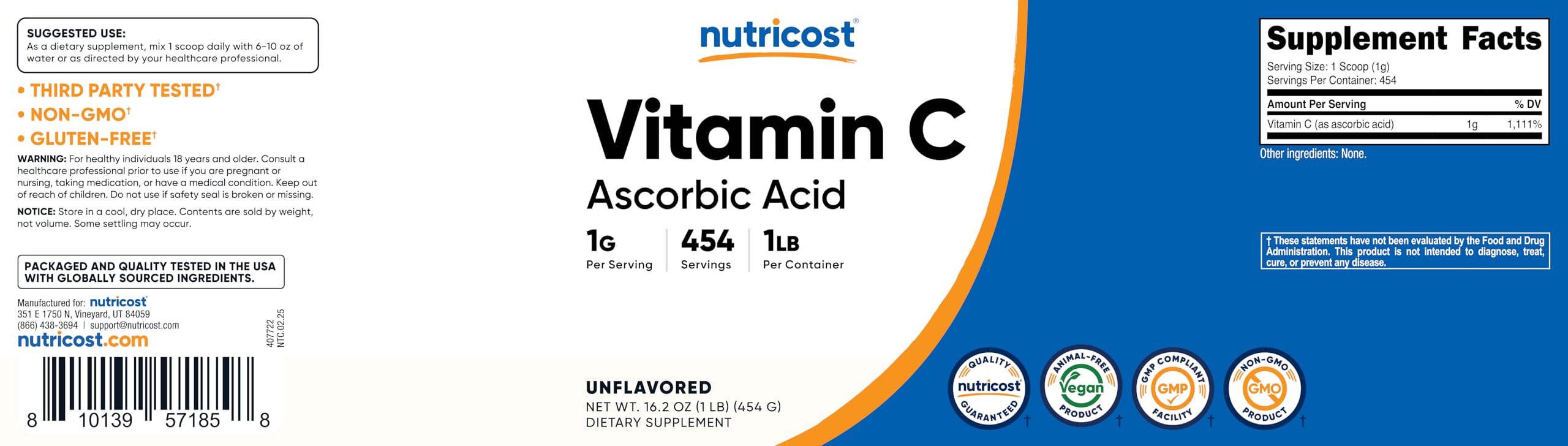 Third-party testing badge on Nutricost Vitamin C powder packaging.