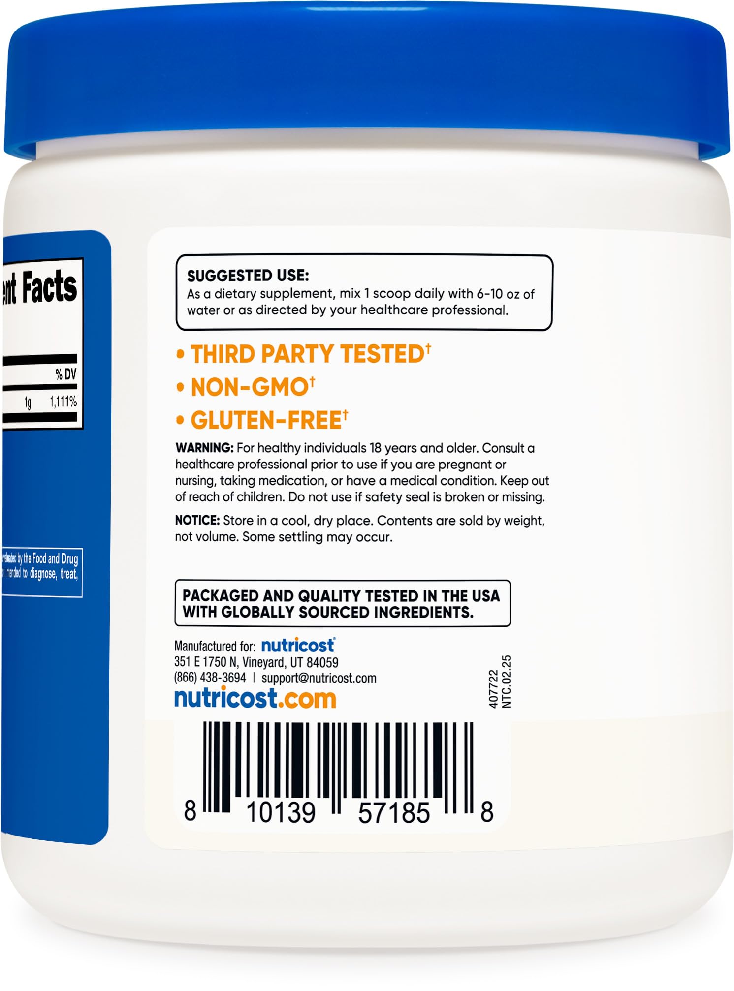 Pouring Nutricost Vitamin C powder into a glass for mixing.