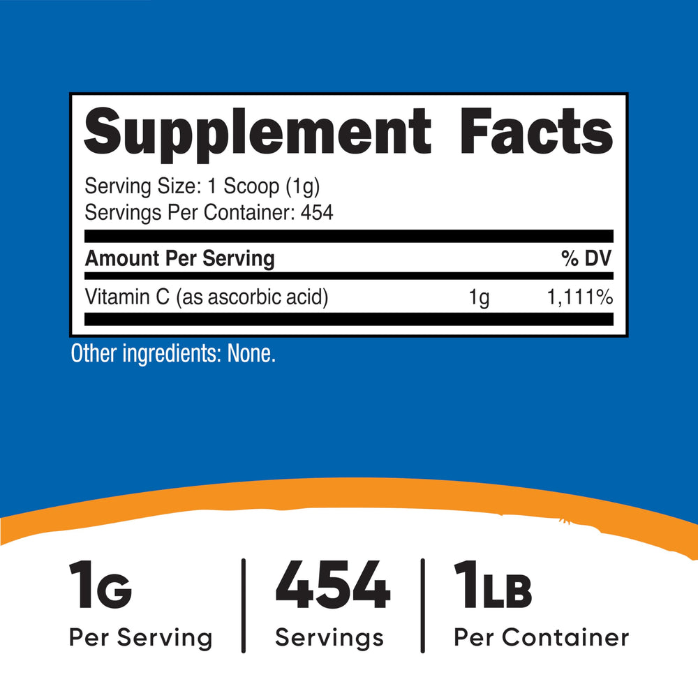 Nutricost vitamin C powder with scoop for precise 1-gram servings.