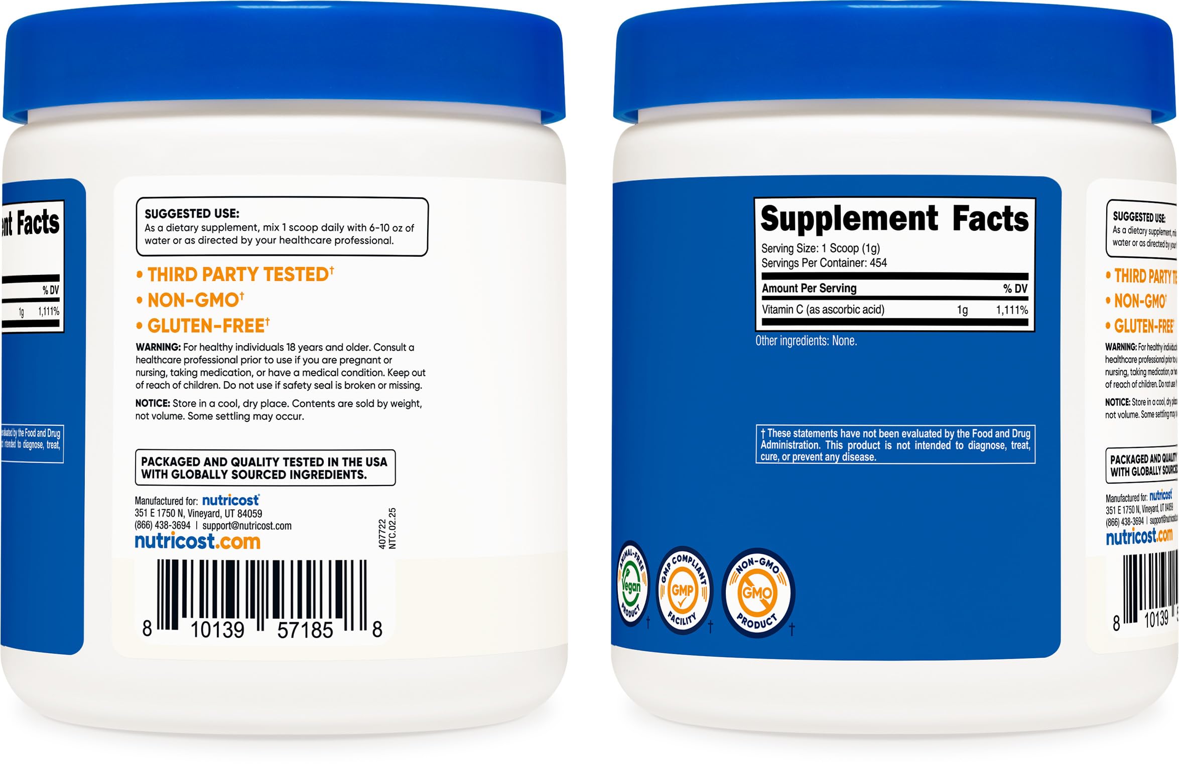 Nutricost vitamin C powder jar front view on a clean surface.