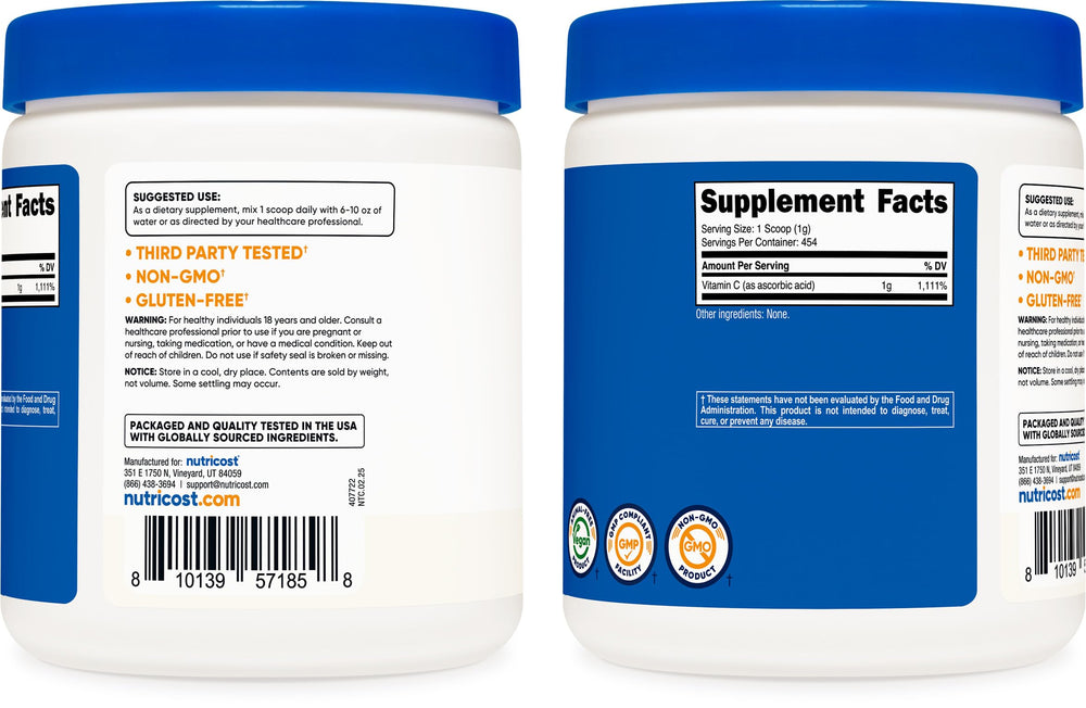 Nutricost vitamin C powder jar front view on a clean surface.