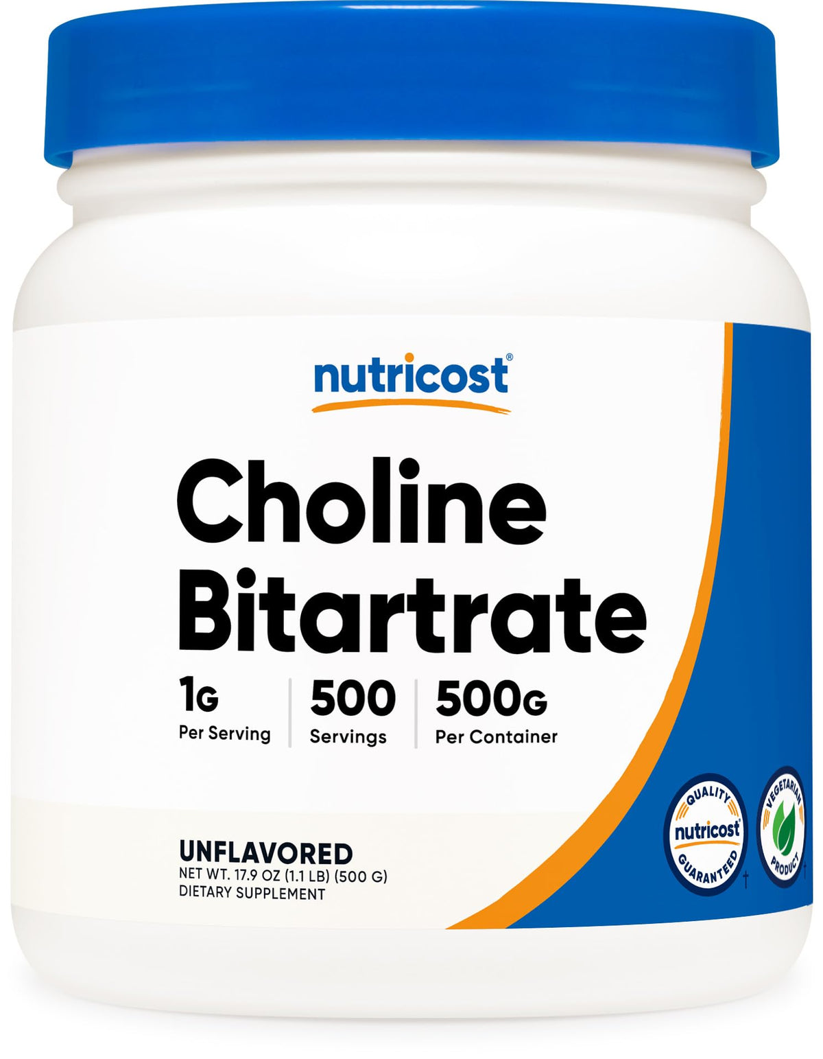 Nutricost Pure Choline Bitartrate Powder 500g front bottle showing a clean daily-use formula