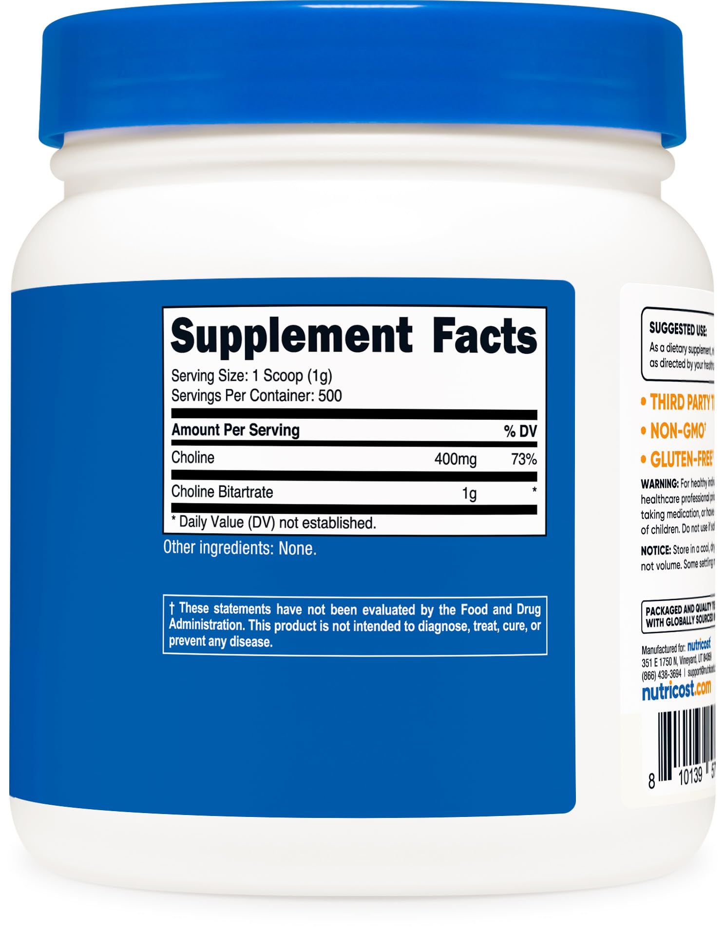 Gluten-free and non-GMO seals on Nutricost Choline Bitartrate packaging