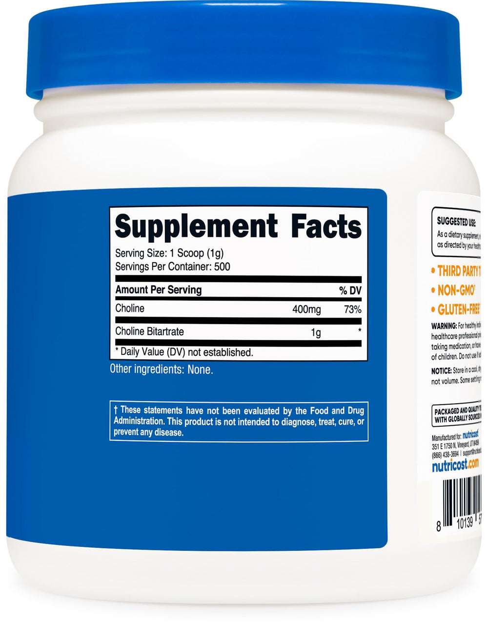 Gluten-free and non-GMO seals on Nutricost Choline Bitartrate packaging