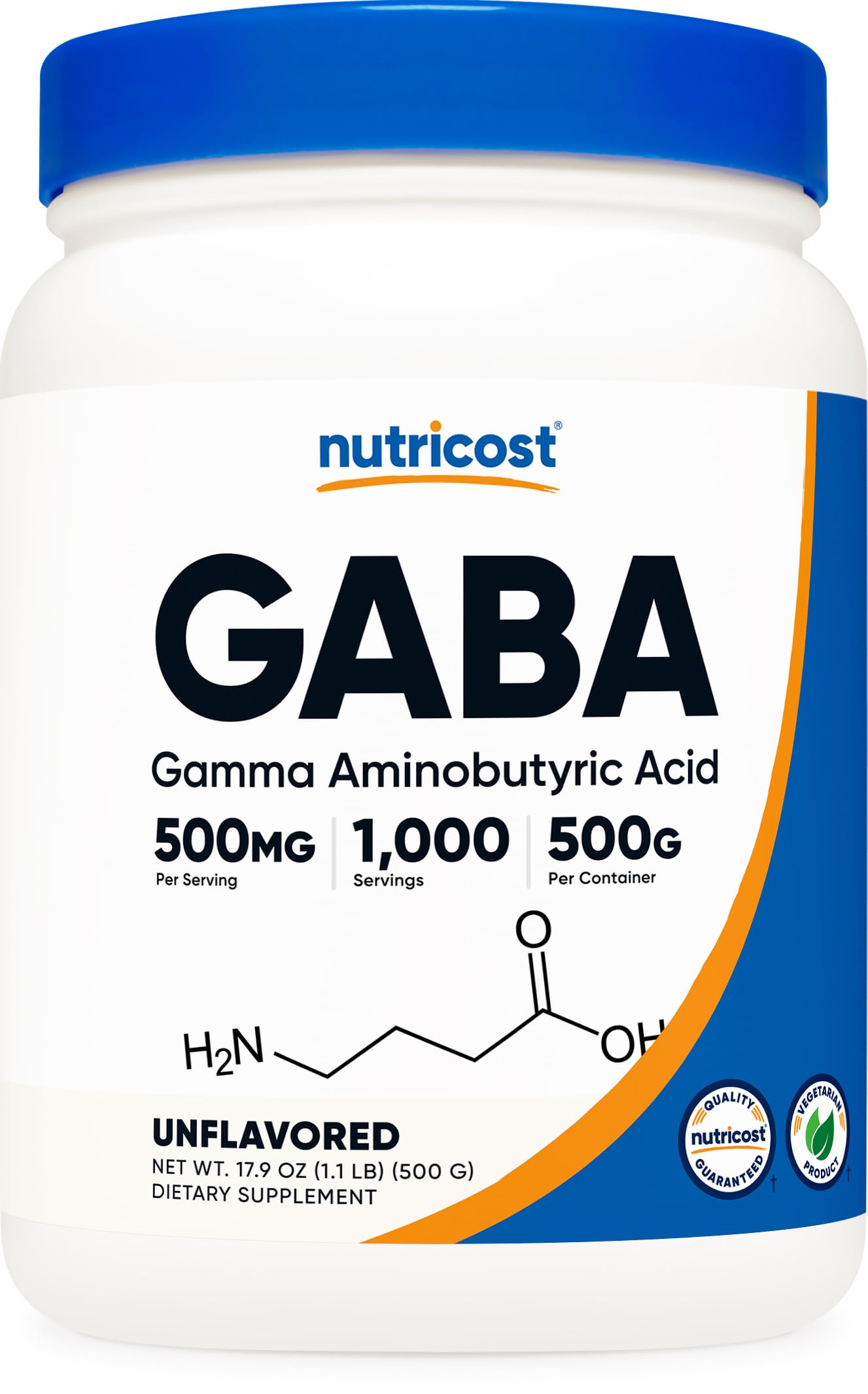 Nutricost Pure GABA bottle showing a 500g supply for daily use.