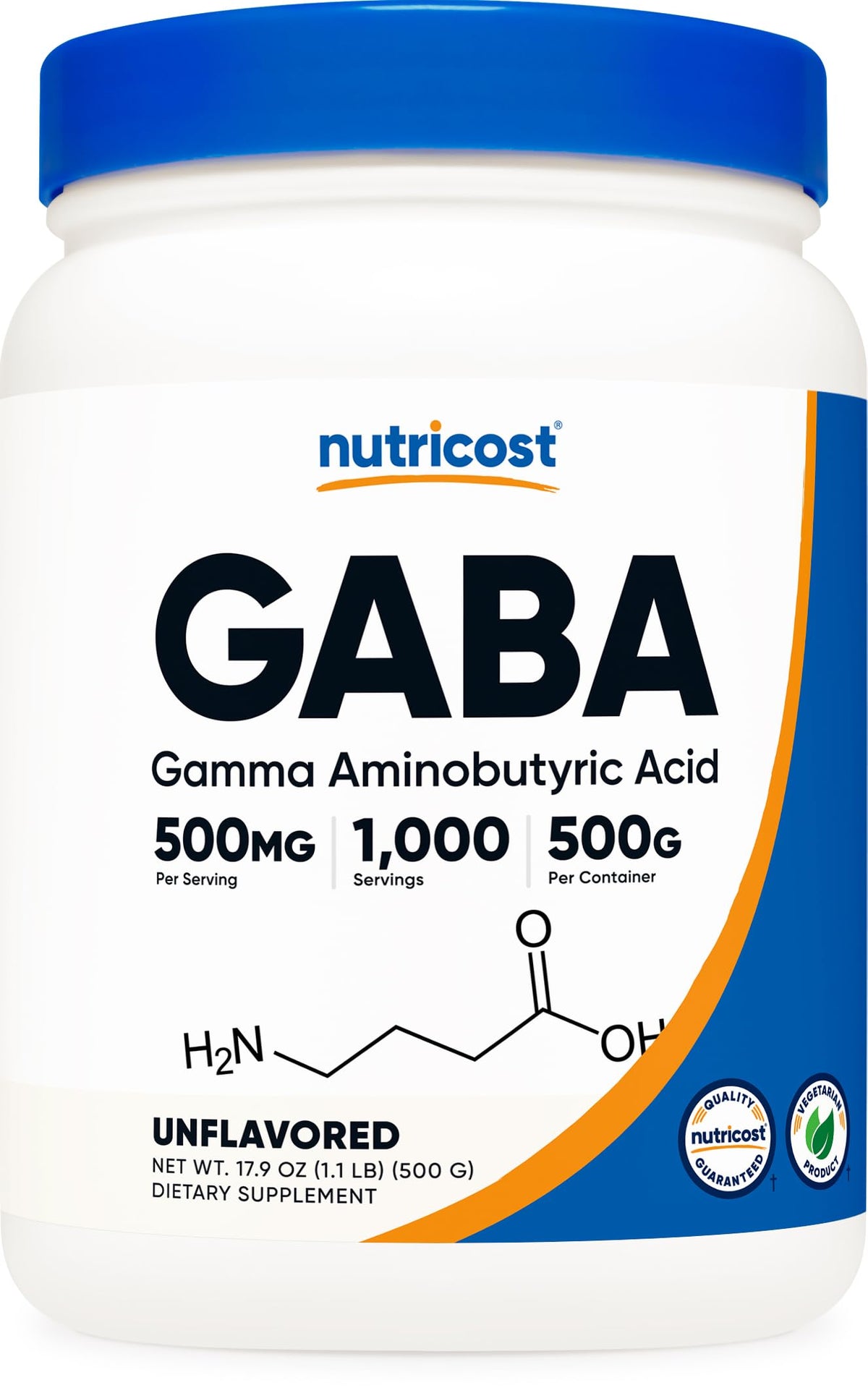 Nutricost Pure GABA bottle showing a 500g supply for daily use.