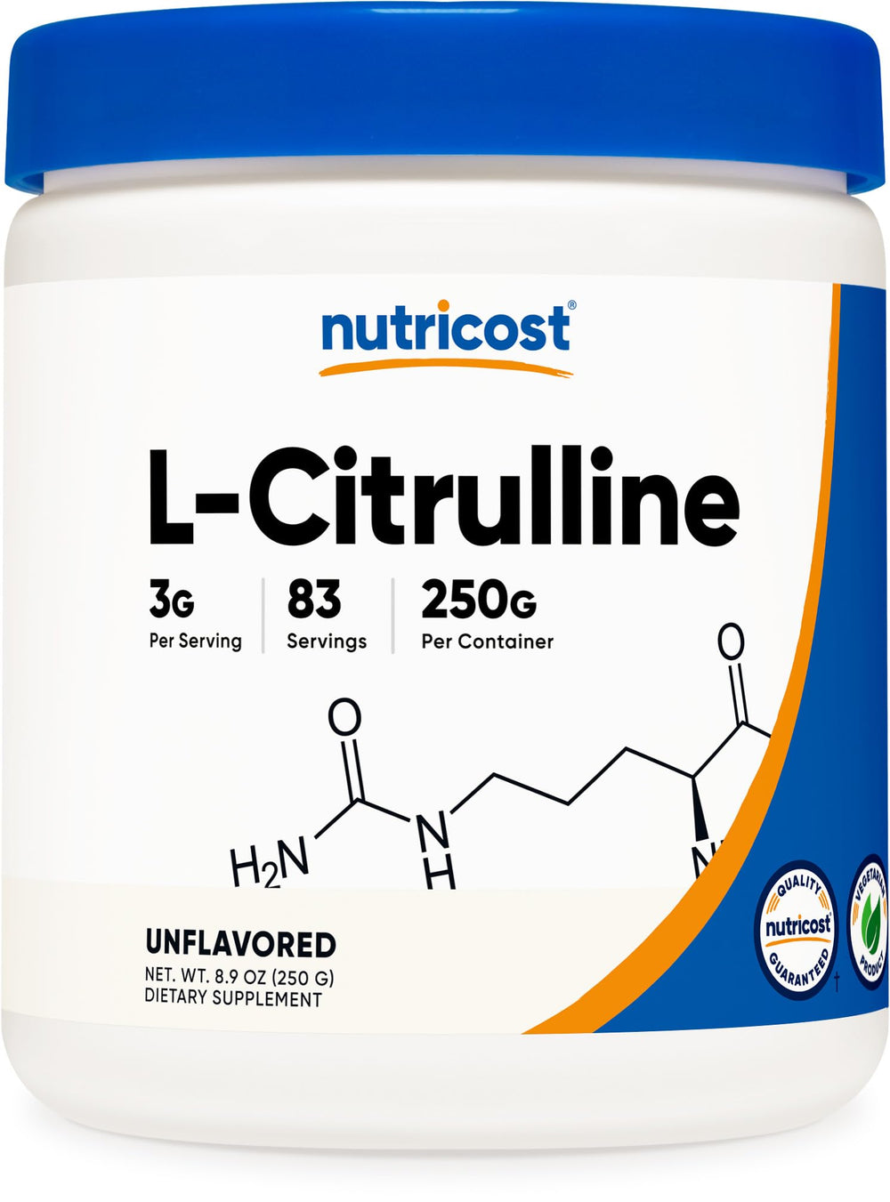 Nutricost Pure L-Citrulline base powder bottle front view for clean workouts