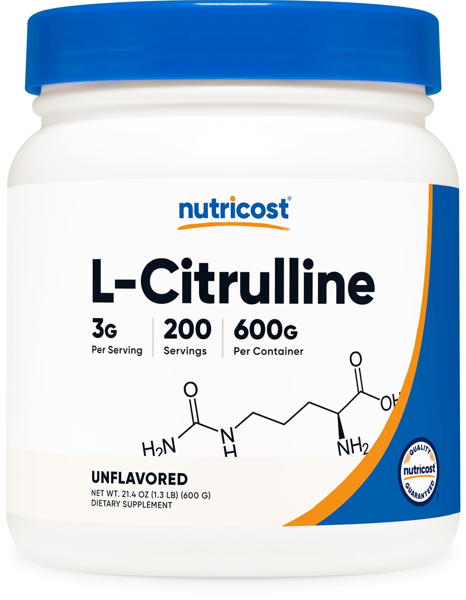 Nutricost Pure L-Citrulline base powder jar supports daily endurance during workouts.