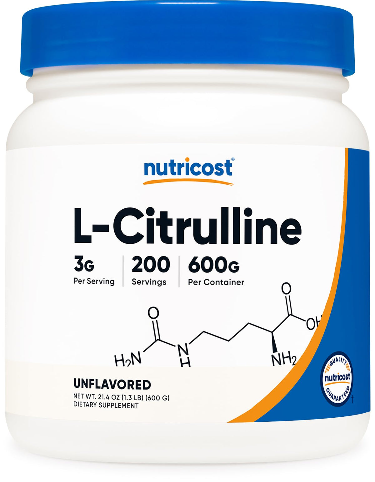 Nutricost Pure L-Citrulline base powder jar supports daily endurance during workouts.