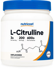 Nutricost Pure L-Citrulline base powder jar supports daily endurance during workouts.