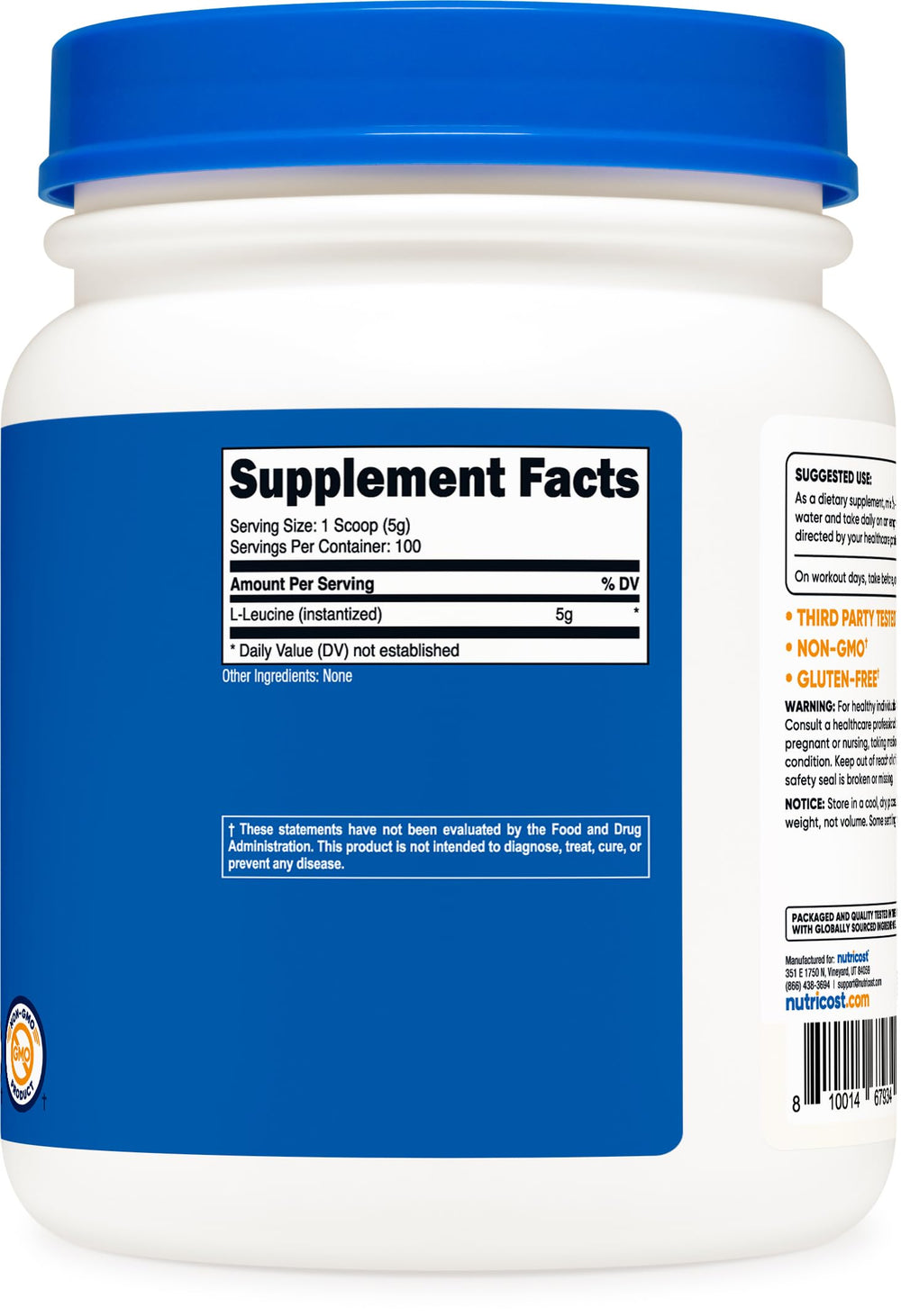 Nutricost Leucine powder label highlighting non-GMO and gluten-free quality