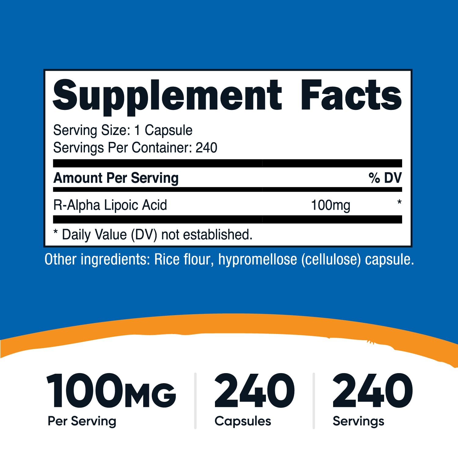 Nutricost R-ALA 100mg bottle perspective – compact daily supplement on shelf.