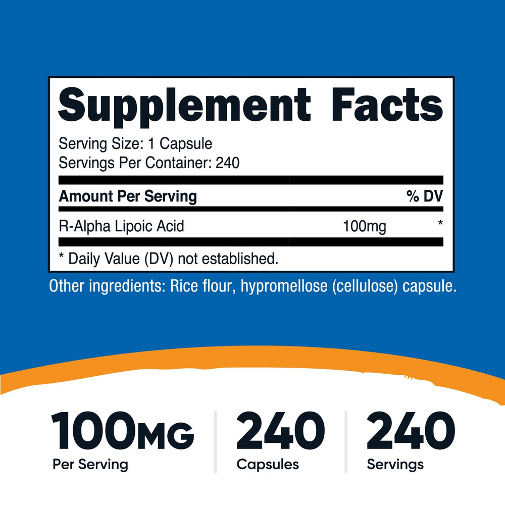 Nutricost R-ALA 100mg bottle perspective – compact daily supplement on shelf.