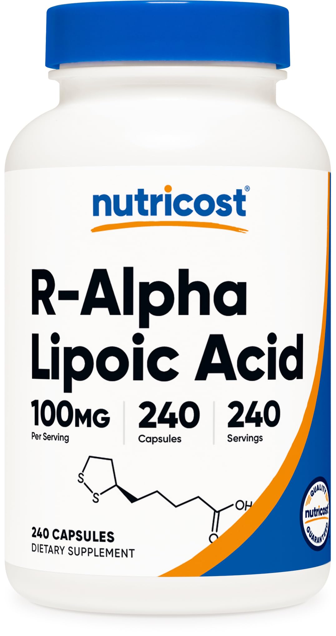 Nutricost R-ALA 100mg capsules bottle showing easy-to-swallow veggie caps for daily support.