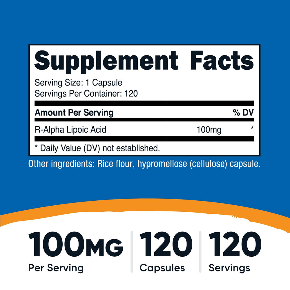 Nutricost R-ALA 100mg capsules close-up, veggie capsules for vegetarian use