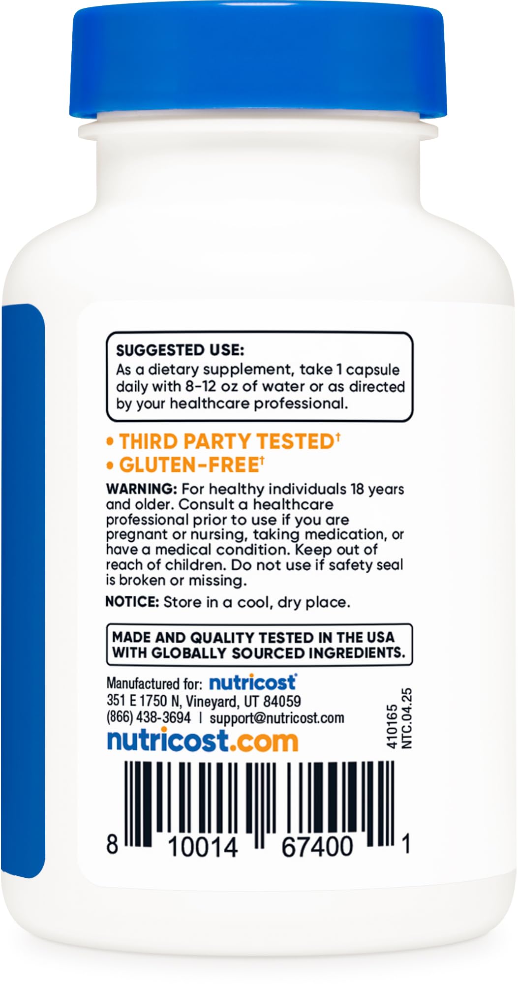 Nutricost R-ALA 100mg capsules in a facility setting with certifications