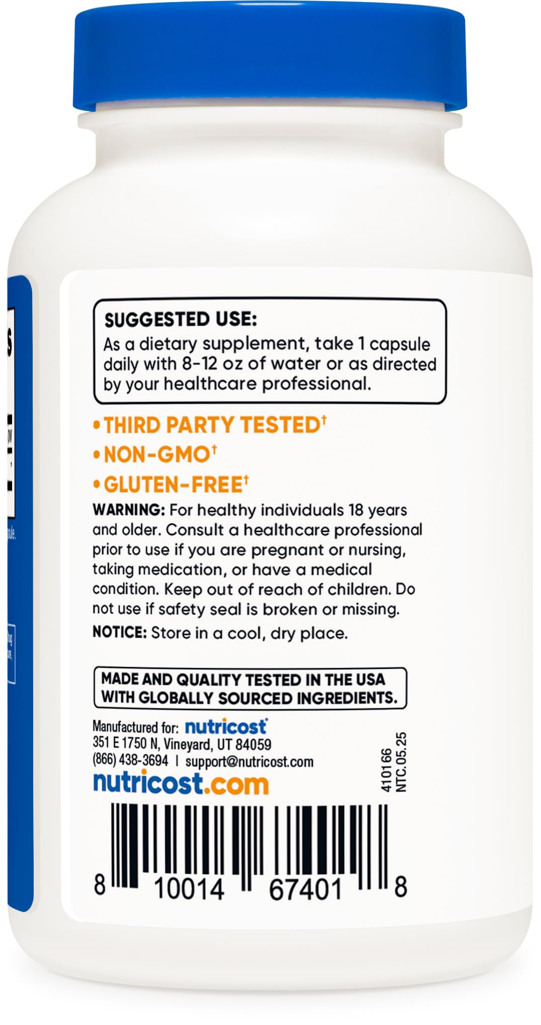 Nutricost R-ALA 100mg label close-up highlighting third-party testing.