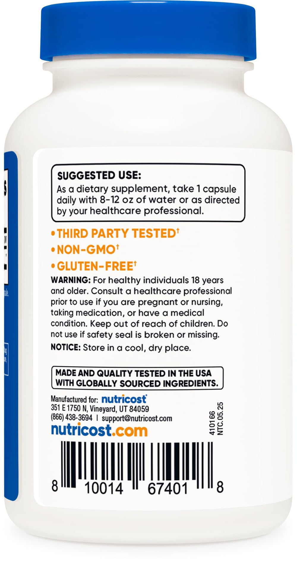 Nutricost R-ALA 100mg label close-up highlighting third-party testing.