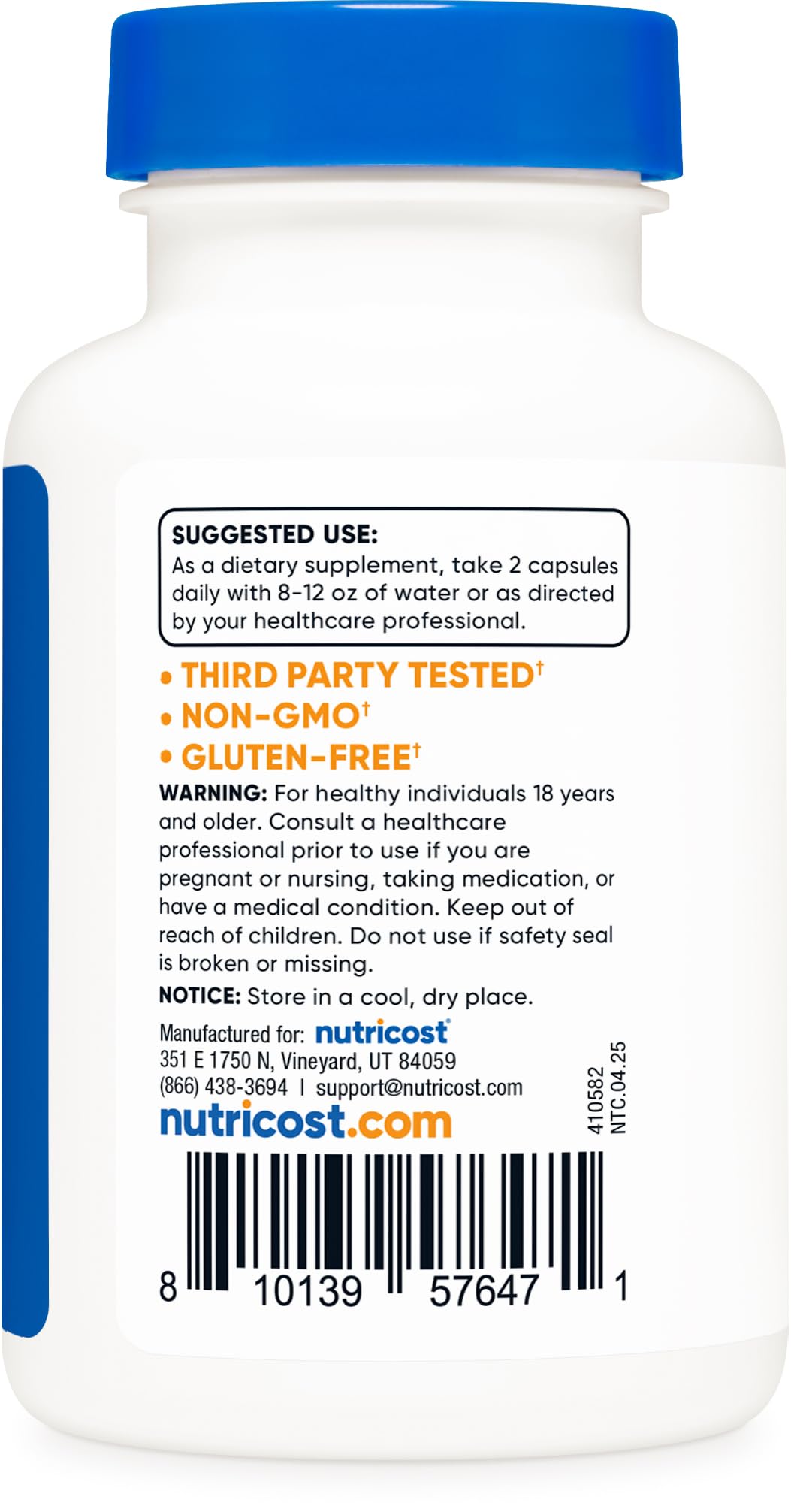 Nutricost vegan supplement label highlights GMO-free and gluten-free.