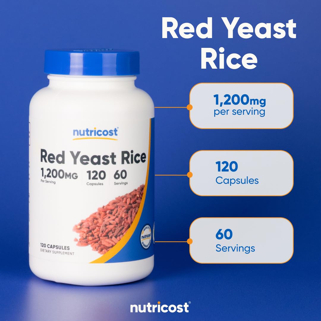 Nutricost Red Yeast Rice 1200mg bottle beside a glass to suggest daily ritual.