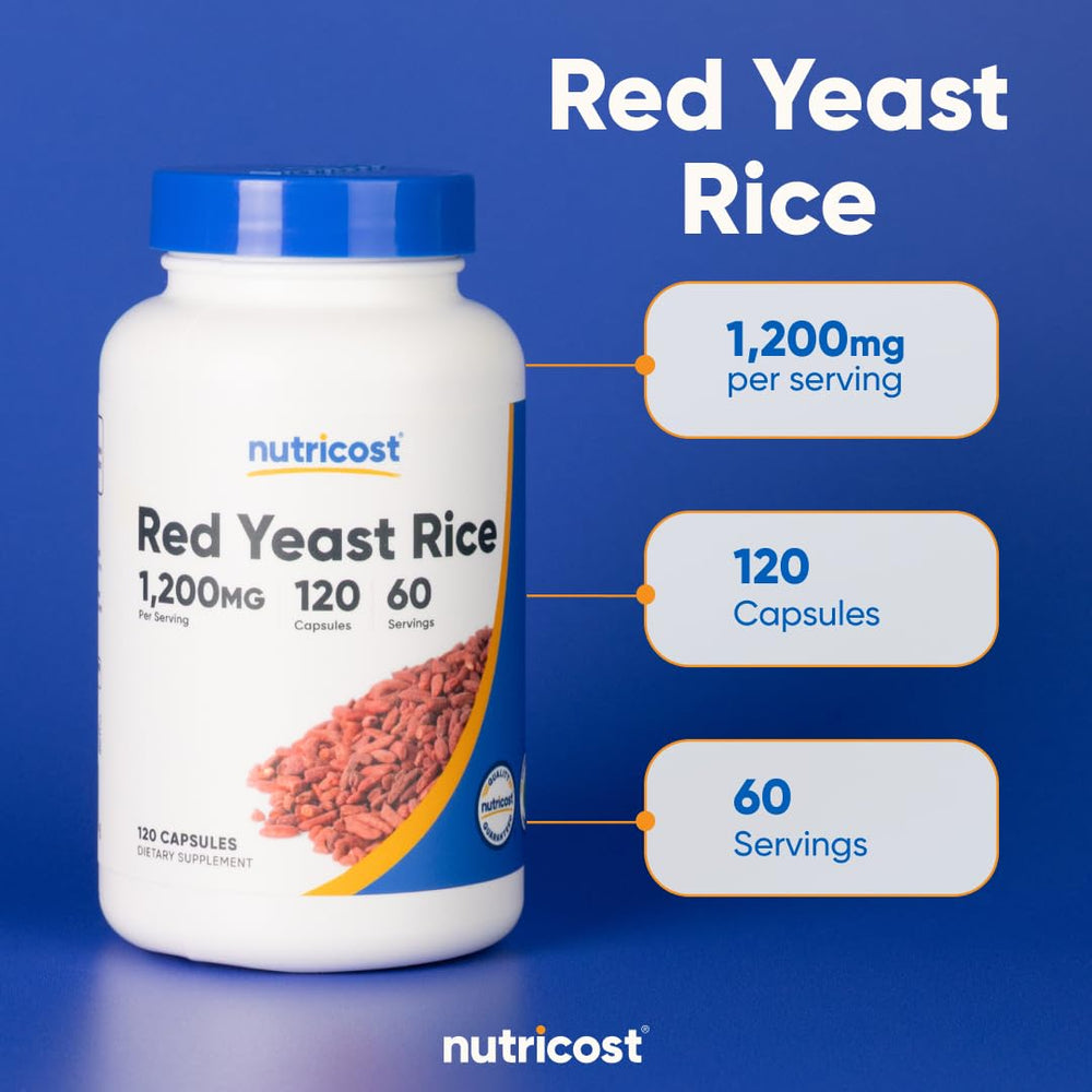 Nutricost Red Yeast Rice 1200mg bottle beside a glass to suggest daily ritual.