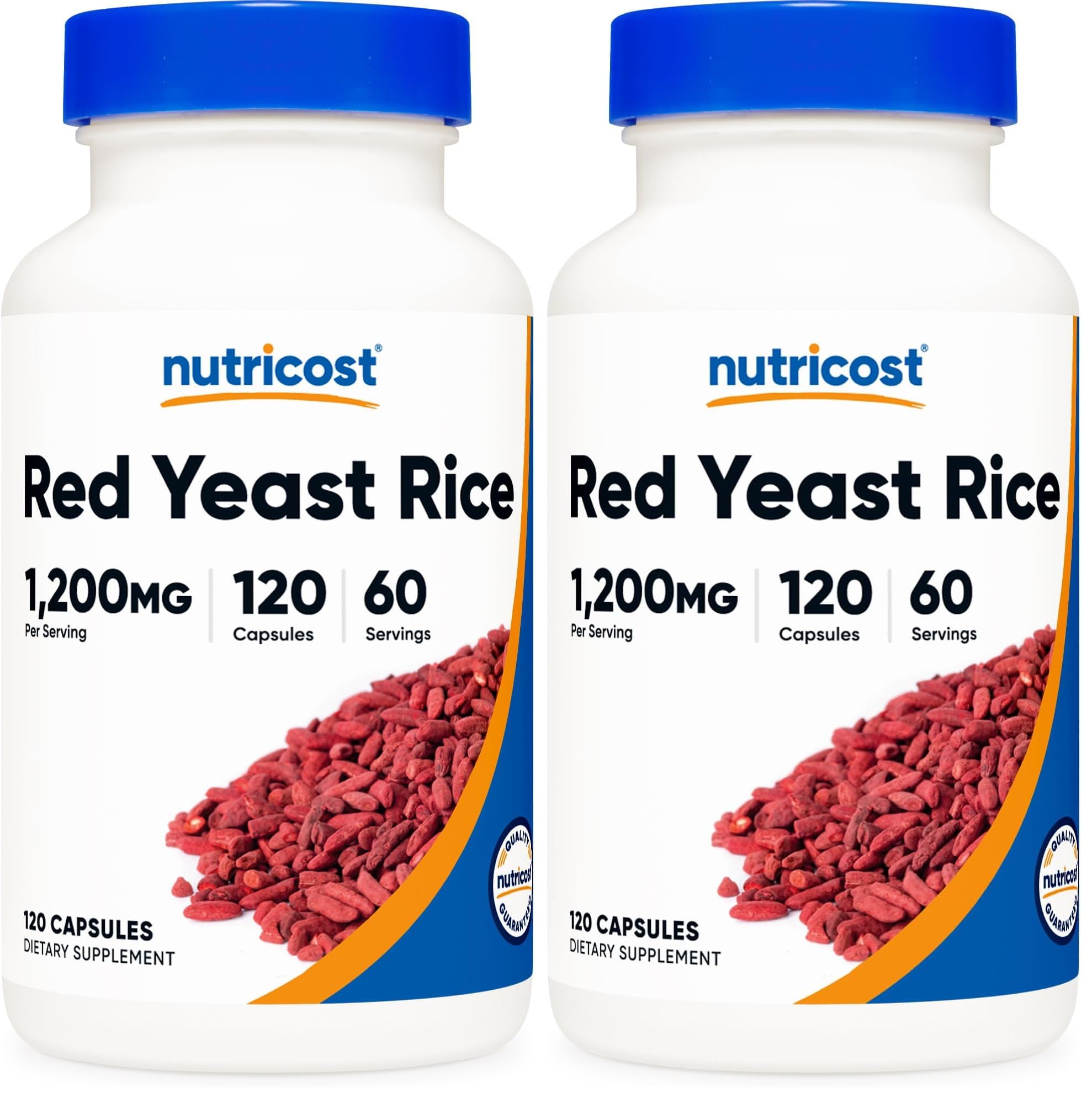 Nutricost Red Yeast Rice bottle shows 1200mg per serving and veggie capsules.