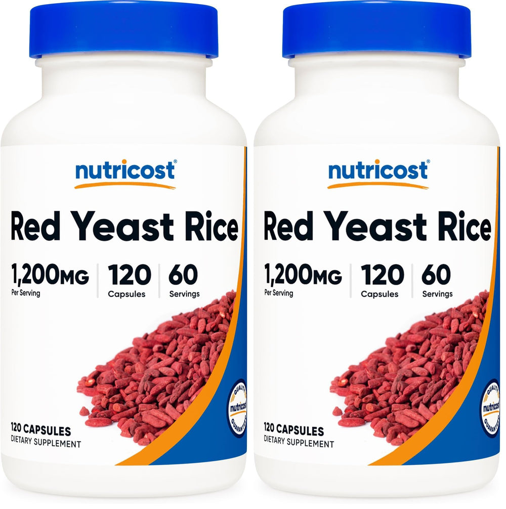 Nutricost Red Yeast Rice bottle shows 1200mg per serving and veggie capsules.