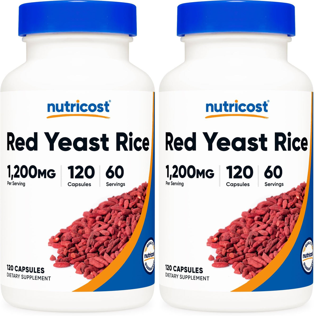 Nutricost Red Yeast Rice bottle shows 1200mg per serving and veggie capsules.